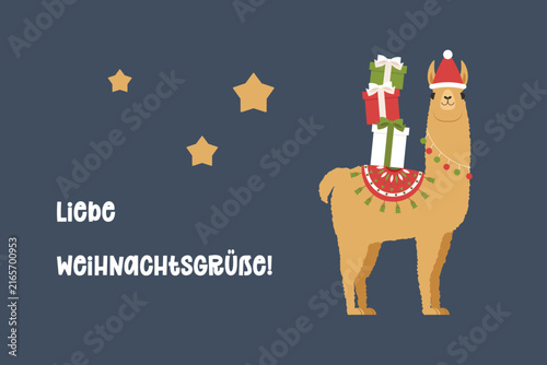 Warm Christmas wishes in German with festive llama carrying gifts, Santa hat and decorative stars