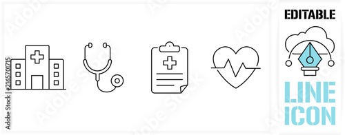 Editable line icon set in a black simple and clean vector outline stroke for hospital building, doctor stethoscope, medical report clipboard and heartbeat pulse rate health monitoring concept.