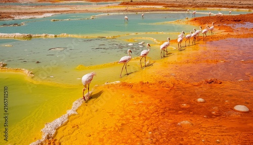 Flamingos Wading Through Vibrant Mineral Pools Of Bolivia