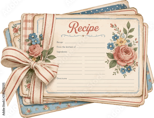 Collection Of Vintage Recipe Cards tied with ribbon and decorated with floral motif