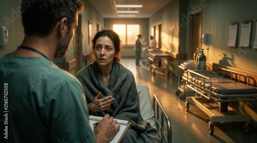 Caring Doctor Consults Worried Patient In Hospital Hallway At Sunset