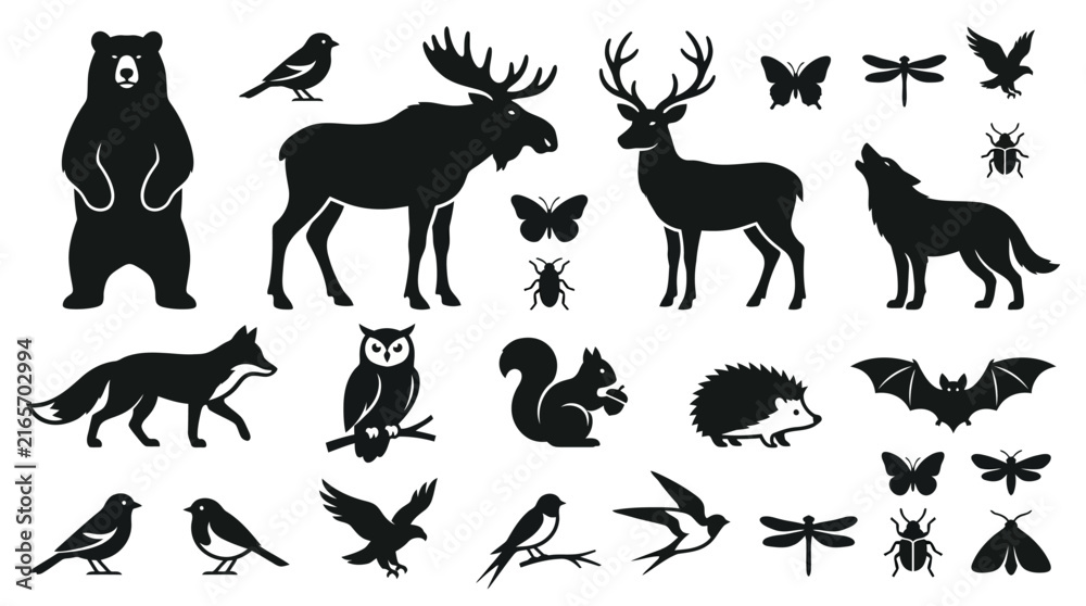 Obraz premium Set of black silhouettes of wild forest animals birds and insects isolated on a white background