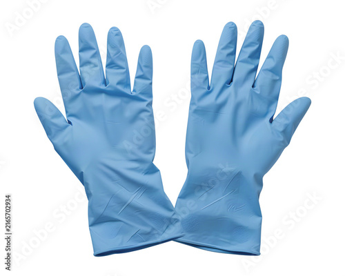 Protective medical latex gloves of blue color on a transparent background
