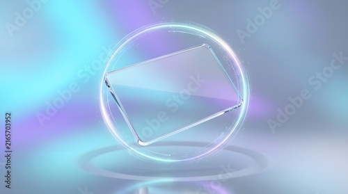A professional business card mockup featuring a floating card inside a glowing neon ring against a soft abstract background display
