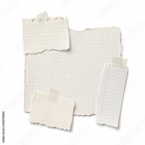 Torn white graph and lined notebook paper pieces with masking tape
