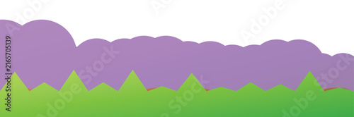 Abstract layered landscape with purple cloud shapes and green jagged grass on white background