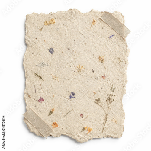 Handmade paper sheet with colorful dried flowers and deckled edges