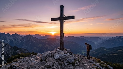 Wooden cross on a mountain peak at sunset a lone hiker contemplates the vast landscape symbolizing faith achievement and spiritual journey