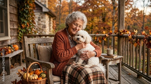 Cozy Autumn Scene of Elderly Woman Embracing Dog on a Rustic Porch