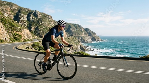 Cyclist Riding Along Coastal Road with Scenic Ocean View and Cliffs