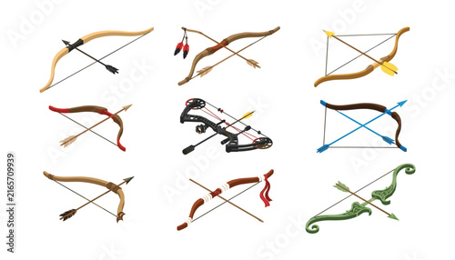 Foto Archery Bow and Arrow Vector Icon Set Featuring Traditional Recurve Compound Med