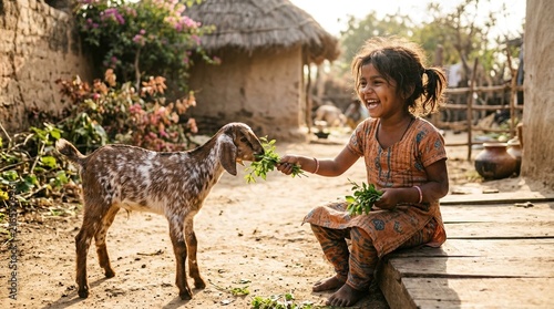 Joyful Girl Feeding Goat in Rustic Village Setting with Natural Light
