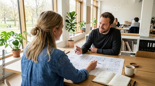 Engaging Discussion Between Colleagues in Modern Office Environment