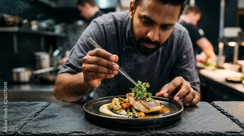 Chef Plating Gourmet Dish with Fresh Ingredients in Modern Restaurant Kitchen