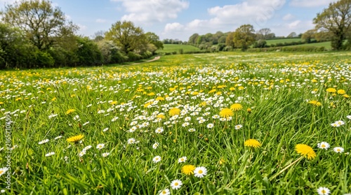 Vibrant wildflower meadow in full bloom with green grass white daisies and yellow dandelions under a blue sky with clouds perfect for nature and spring themes