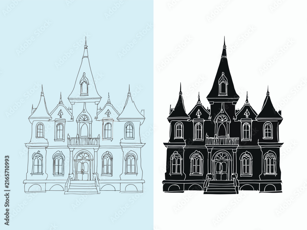 Fototapeta premium Elegant Gothic Style Building Sketch with Two Different Color Variations