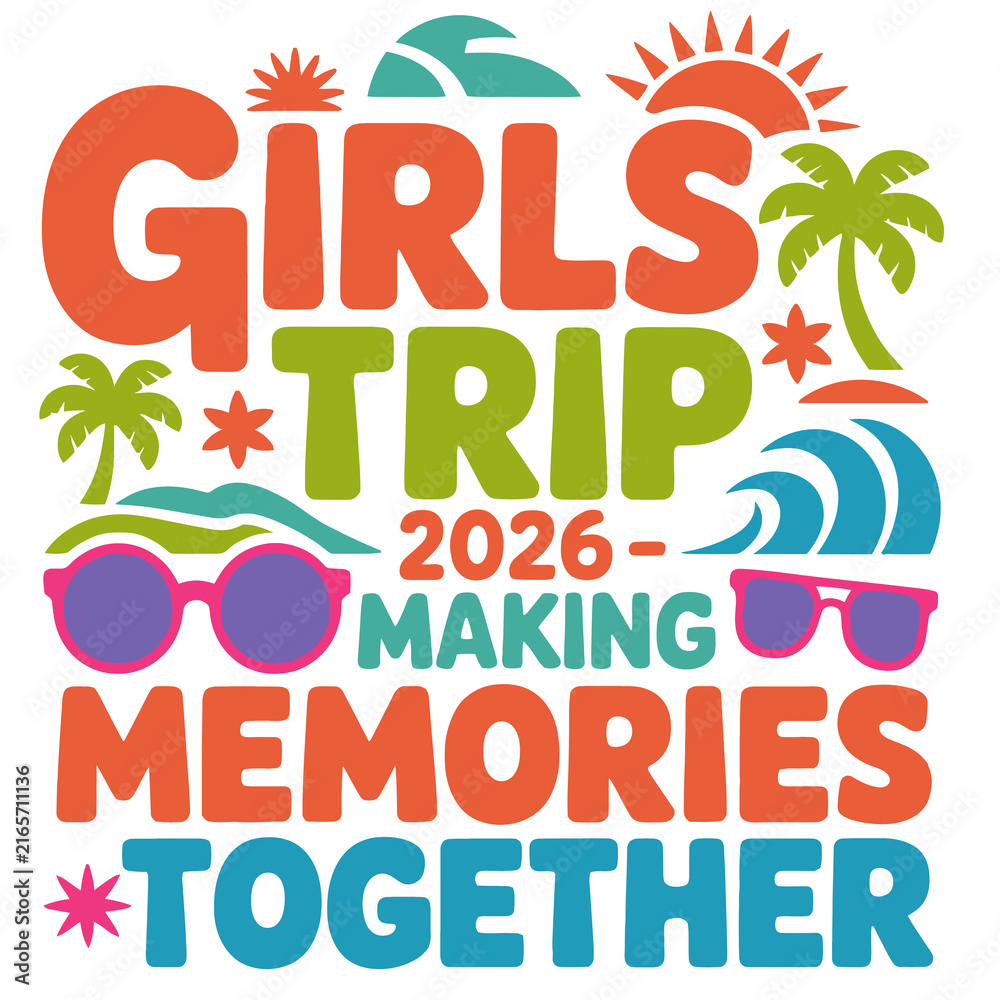 Fototapeta premium Colorful girls trip design with palm trees sunglasses and a sunset vibe