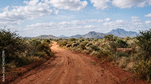Dirt road leading through African savanna landscape with elephants and mountains concept of safari travel and wildlife exploration