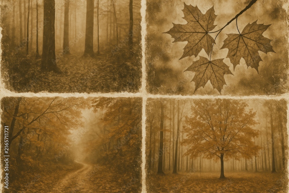 Fototapeta premium Vintage sepia autumn forest collage.