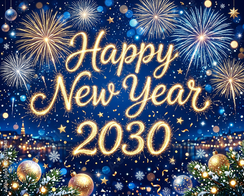 Celebration of New Year 2023 with fireworks and decorations in a city at midnight