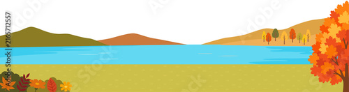 Panoramic Autumn Landscape Banner with Lake and Big Orange Tree