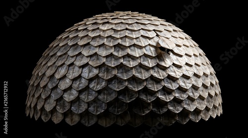 Conceptual Dome-Shaped Armor Featuring Intricate Overlapping Brown and Grey Scales Resembling a Pangolin Shell or Dragon Skin Isolated on a Black Background
