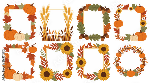 Decorative autumn frame set featuring vibrant pumpkins sunflowers wheat ears and colorful fallen maple leaves