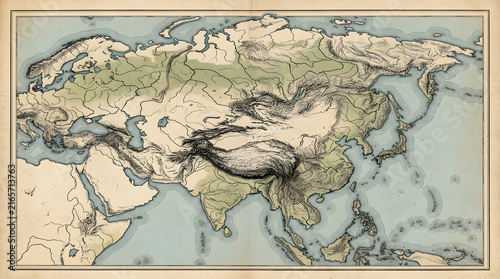 Vintage physical map of Asia showing geographical features and topography in antique style.