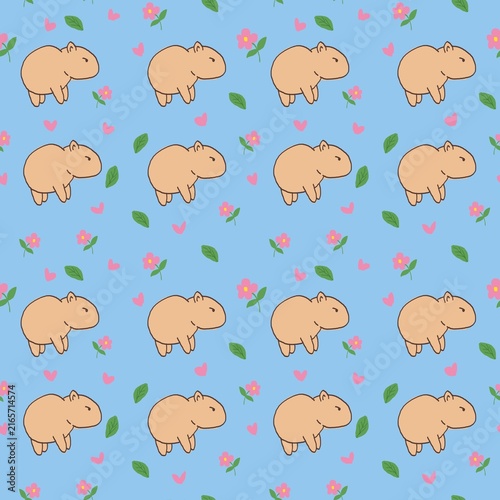 Cute capybara seamless pattern with flowers, hearts and leaves on blue background