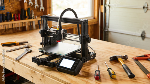Obraz na płótnie 3D printer on a wooden workbench in a garage workshop with tools