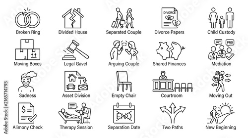 Divorce and separation line icons set, 20 legal and emotional breakup symbols, family law and mediation vector graphics