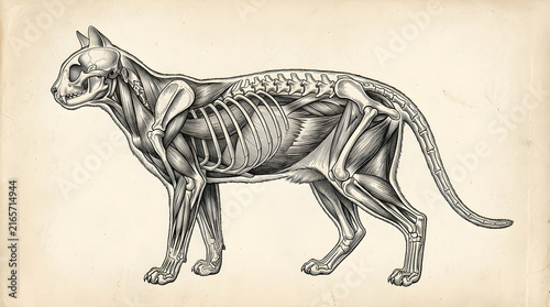 Vintage anatomical study of a cat showing muscle structure in a detailed line engraving.