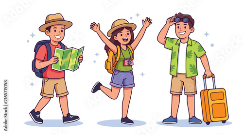 Happy cartoon tourists traveling with backpacks map and suitcase.