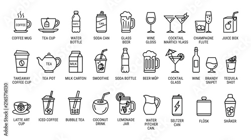 Minimalist beverage icons set, 27 drink line art symbols, modern cafe and bar menu vector illustrations, black outline drinkware