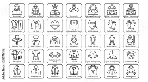 Professional uniform line icons, set of 35 career clothing and workwear symbols, black and white occupational outfit vector illustrations