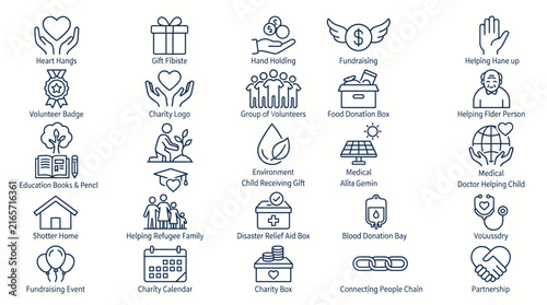Charity and volunteer line icons set, 25 nonprofit organization symbols, humanitarian aid and community support vector collection