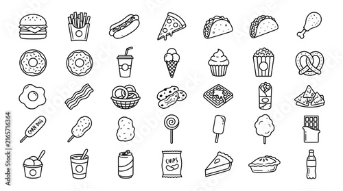 Minimalist fast food icons set, 35 hand drawn junk food line art vectors, black and white snack illustrations for restaurant menus