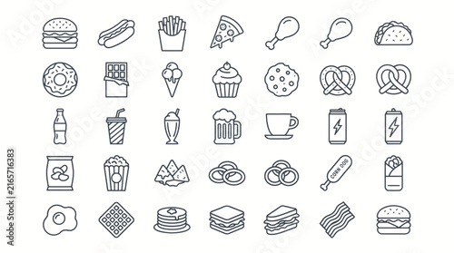 Fast food line icons set, 35 junk food vector symbols, minimalist restaurant menu graphics, snack and drink outline illustrations