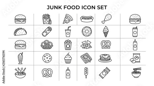 Junk food icon set with 30 outline vectors. Fast food snacks and meal symbols. Minimalist restaurant menu graphics.
