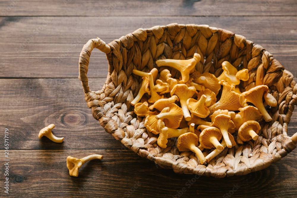 Fototapeta premium Fresh yellow chanterelle mushrooms are gathered in a woven wicker basket on a rustic dark wooden table, organic forest harvest, healthy vegan food, autumn foraging mood, fall harvest. Copy space.
