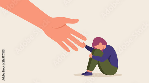 Helping hand reaching out to sad person, mental health support concept