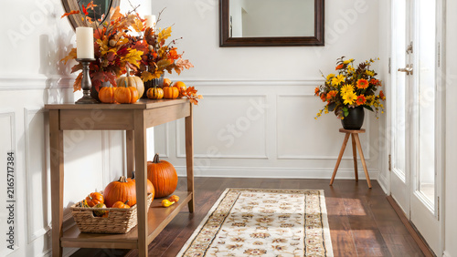 Cozy autumn Halloween home decor with pumpkins, flowers, and rustic wooden table setting