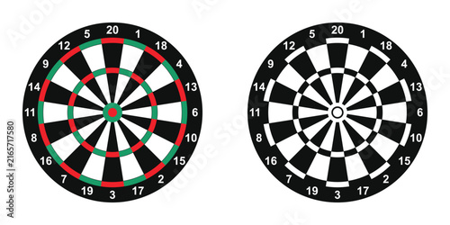 Fotografie Set of two detailed dartboard vector illustrations featuring classic numbered targets in black, white, red, and green, ideal for darts, sports, games, competitions, and entertainment designs