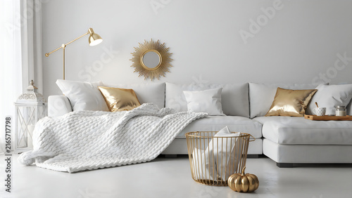 Luxury bedroom decorated for Halloween with elegant gold and white pumpkins and soft lighting