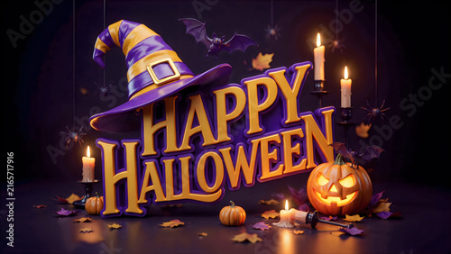 3D Halloween party celebration with glowing jack-o-lanterns, festive hat, and spooky night decor