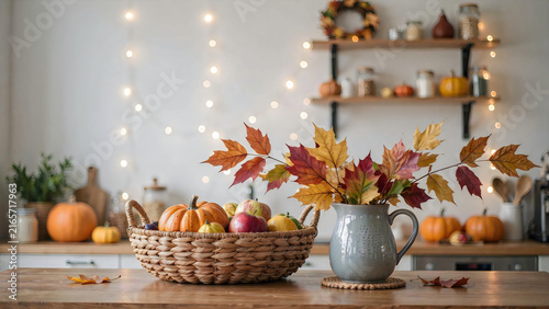 Cozy Halloween autumn harvest table with pumpkins, gourds, and fall leaves centerpiece in warm home decor