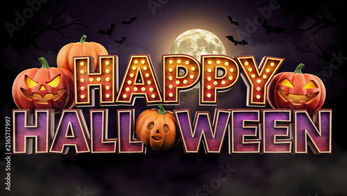 3D Halloween pumpkins with glowing text Happy Halloween on dark spooky background for festive celebration