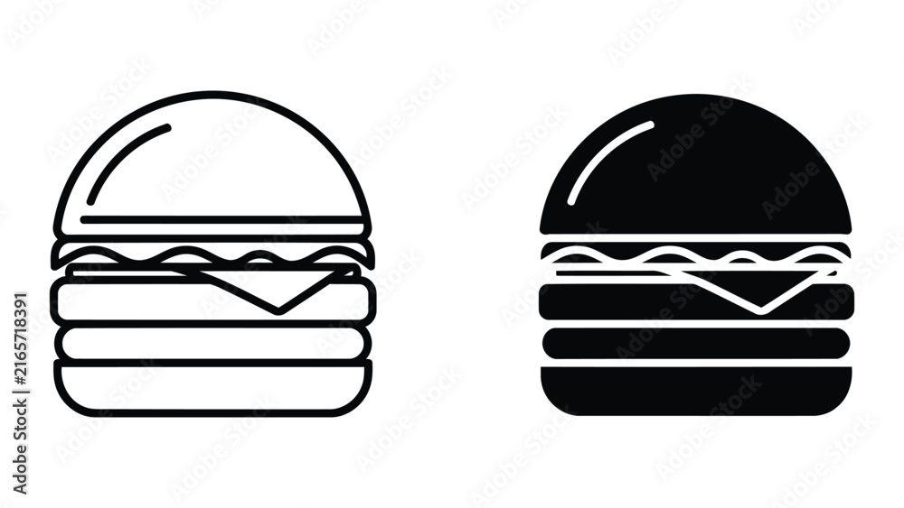Fototapeta premium Delicious cheeseburger fast food meal outline and solid vector icons isolated