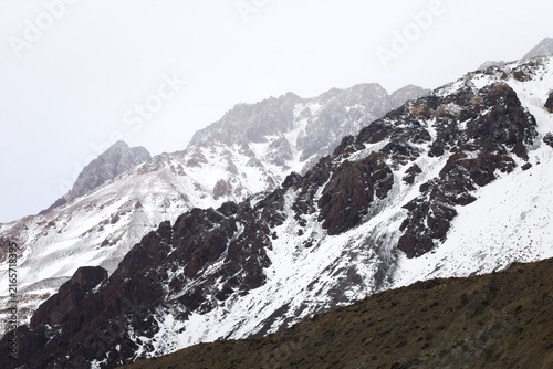 Snow-covered mountains in the Aconcagua provincial park in Mendoza, Argentina.