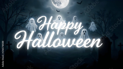 Neon Happy Halloween sign glowing in dark spooky night with full moon backdrop